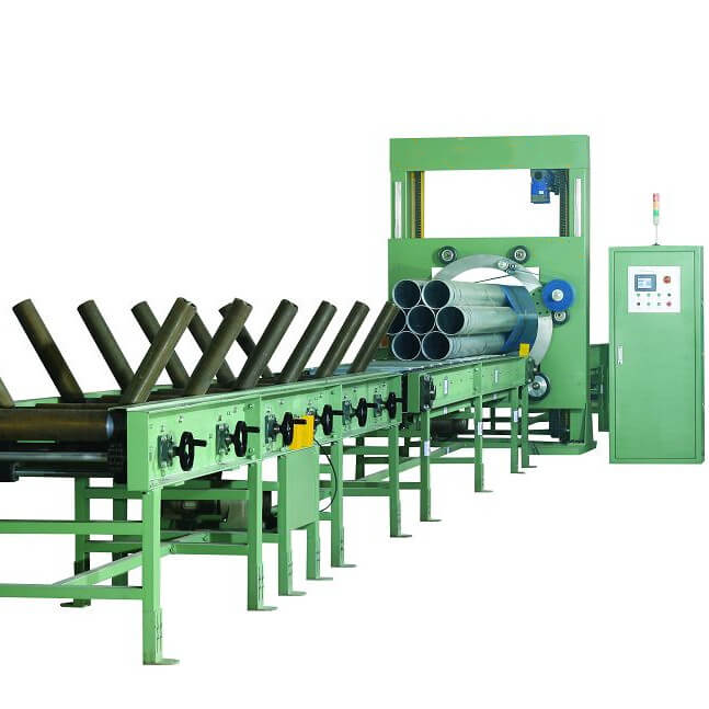 Steel tube and pipe bundling machine strapping big pipe bundles by wrapping methods