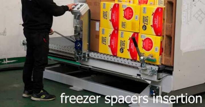 L shape pallet inverter for inserting freezer spacer