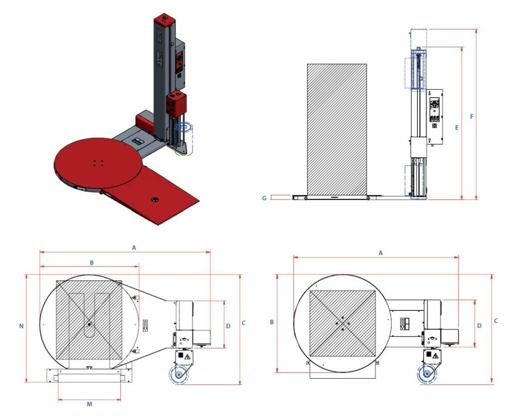 A semi automatic stretch wrapping machine with pallet loading ramp