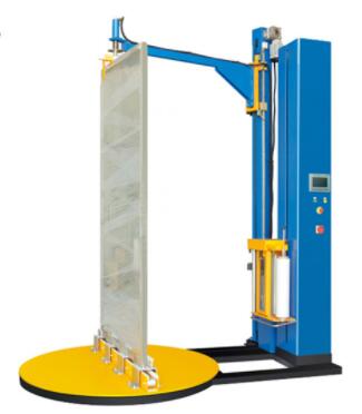 Vertical door panel stretch wrapping machine