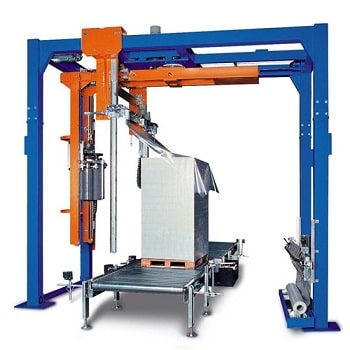 rotary arm pallet stretch wrapping machine with film dispenser
